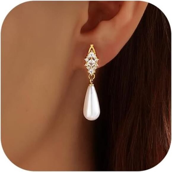 14K Gold-Plated Pearl Drop Earrings – Diamond Zircon Accents, Hypoallergenic - Picture 5 of 5